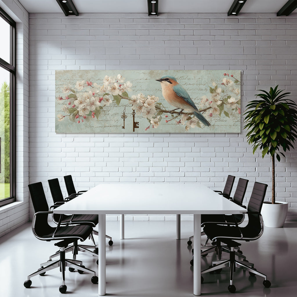 Vintage Und Shabby Vogel Auf Astemblumen Mit Schluessel Und Text