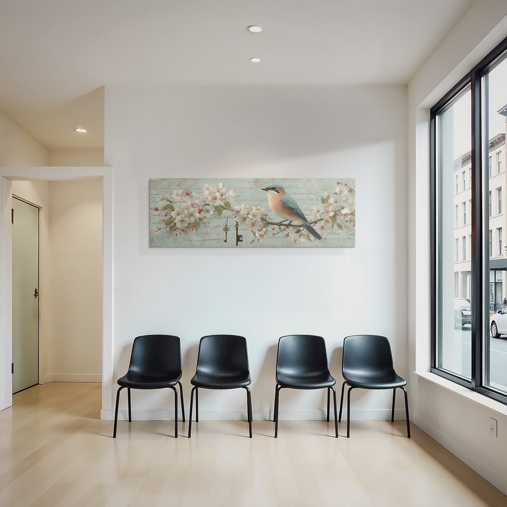 Vintage Und Shabby Vogel Auf Astemblumen Mit Schluessel Und Text