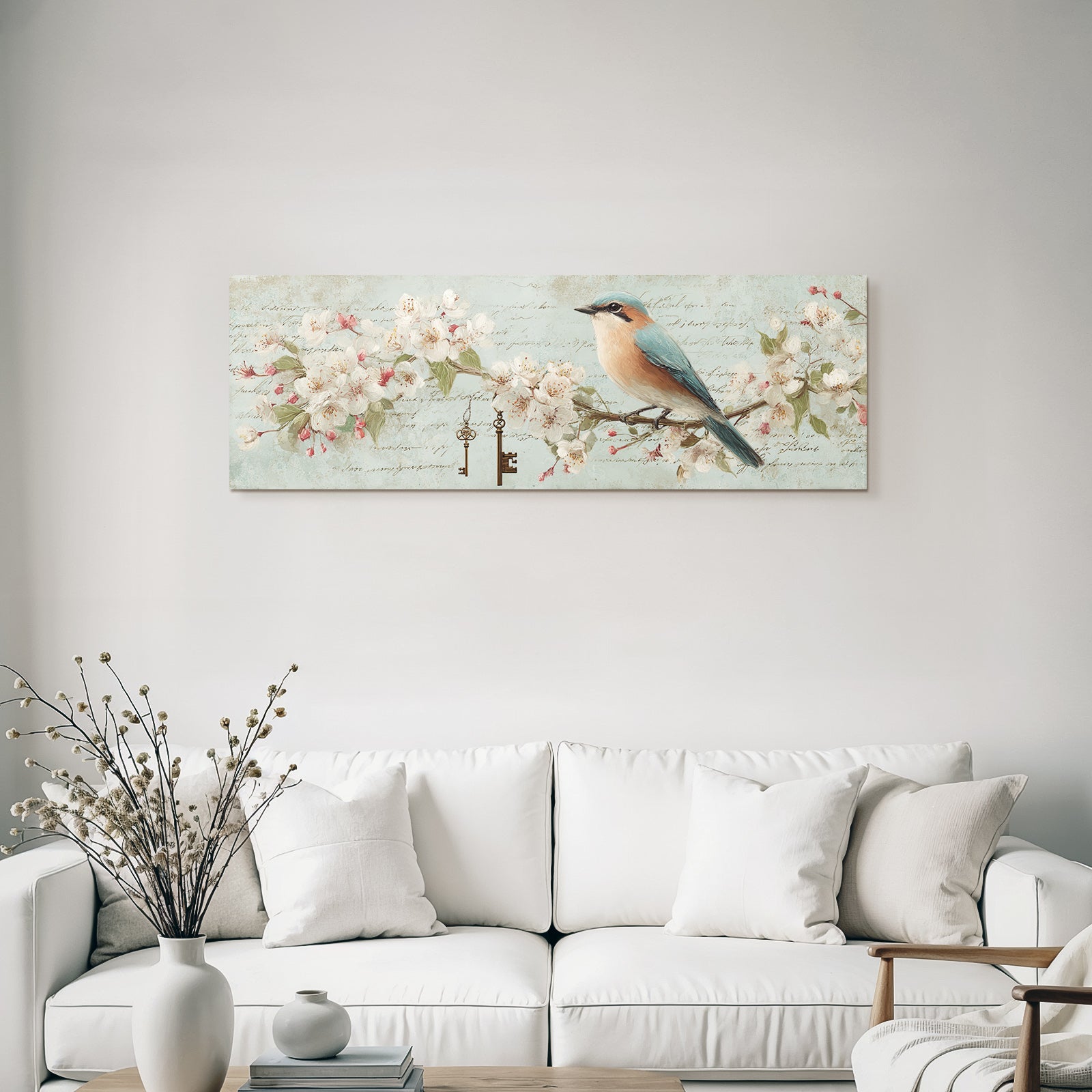 Vintage and shabby bird on branch flowers with key and text