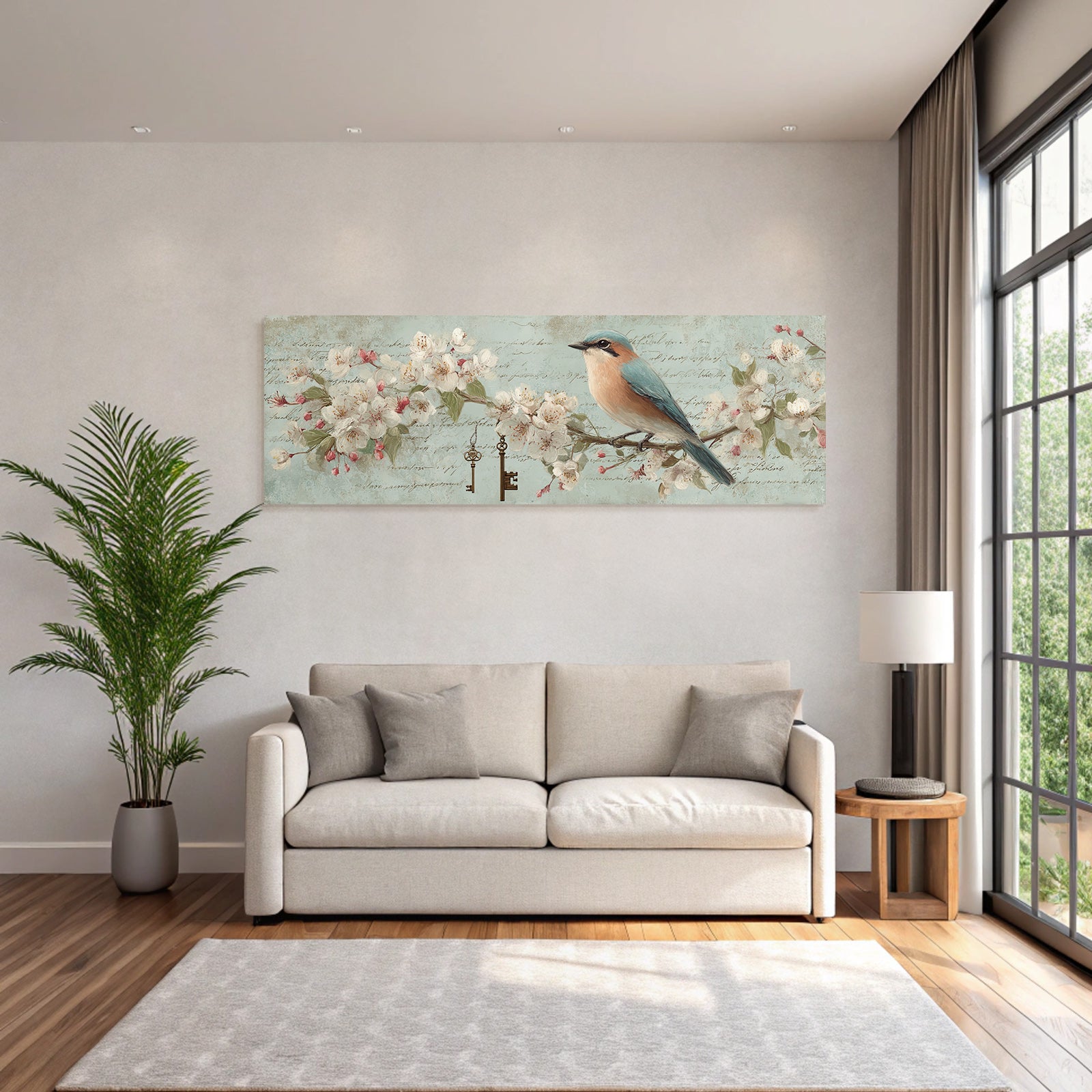Vintage and shabby bird on branch flowers with key and text