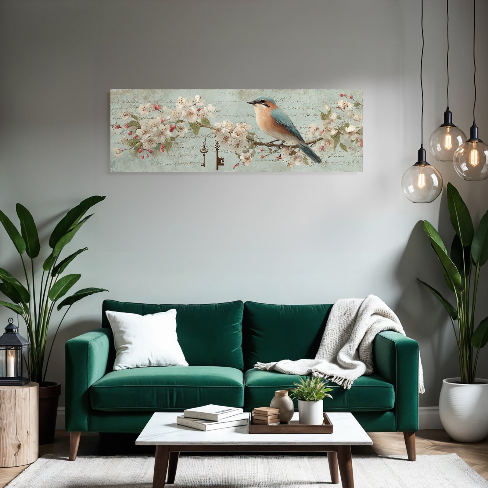 Vintage and shabby bird on branch flowers with key and text