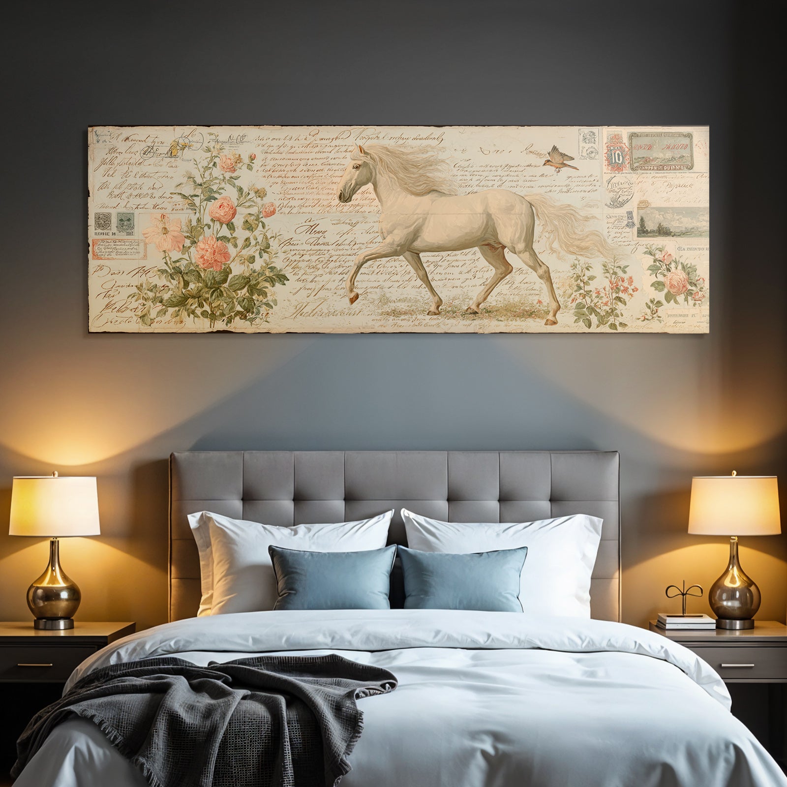 Vintage And Shabby White Horse Flowers Handwritten