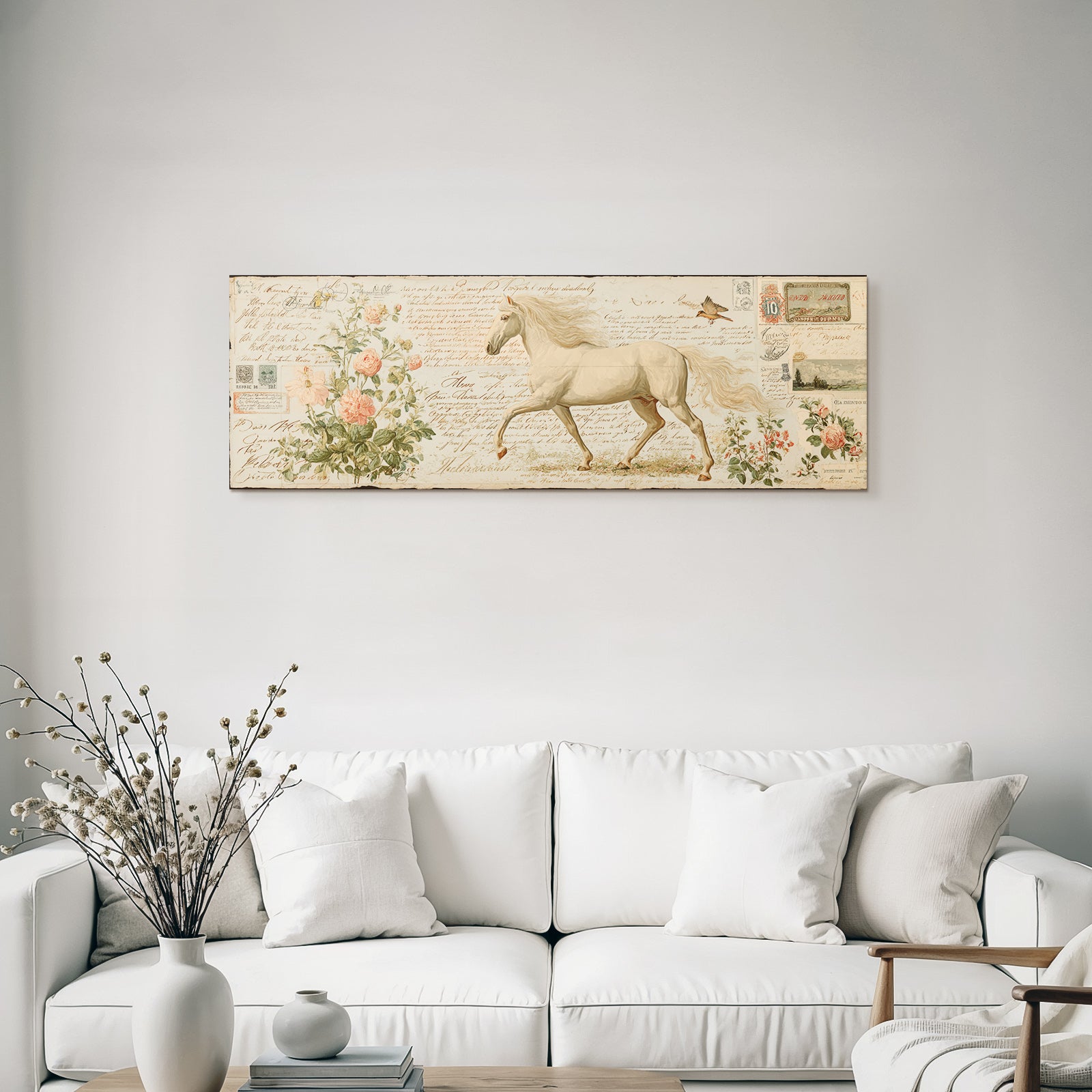Vintage And Shabby White Horse Flowers Handwritten