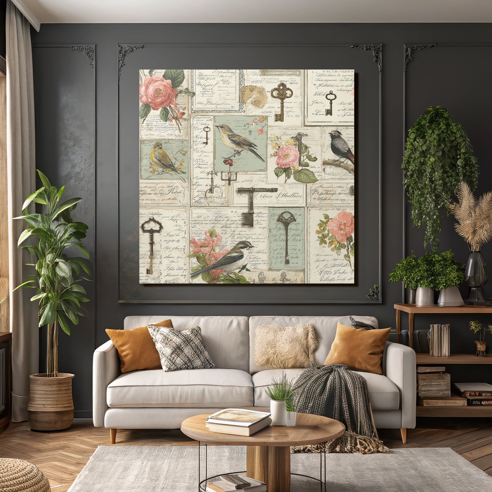 Vintage and shabby flowers and birds keys, vintage patterns