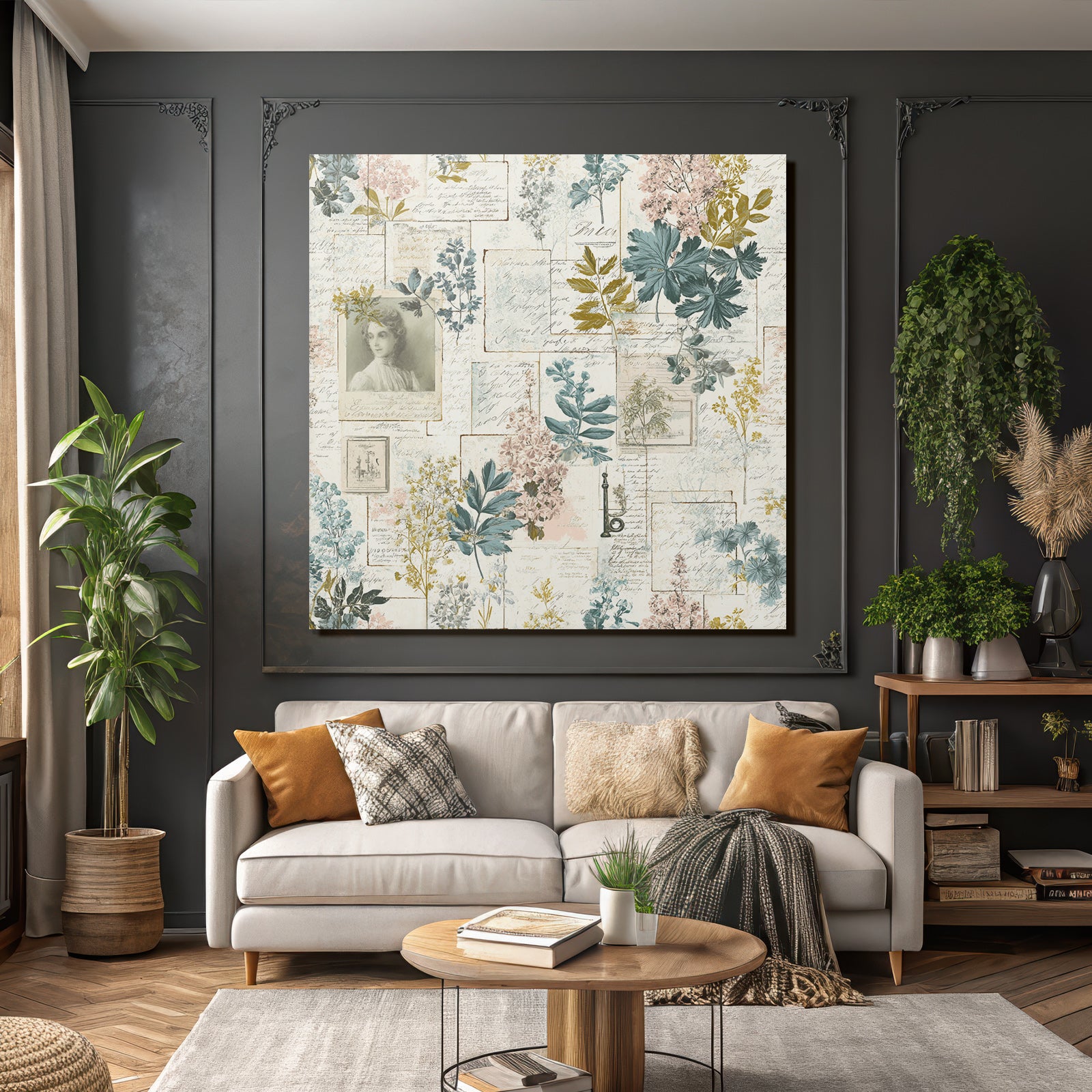 Vintage and shabby floral collage with vintage frames and botanical illustrations