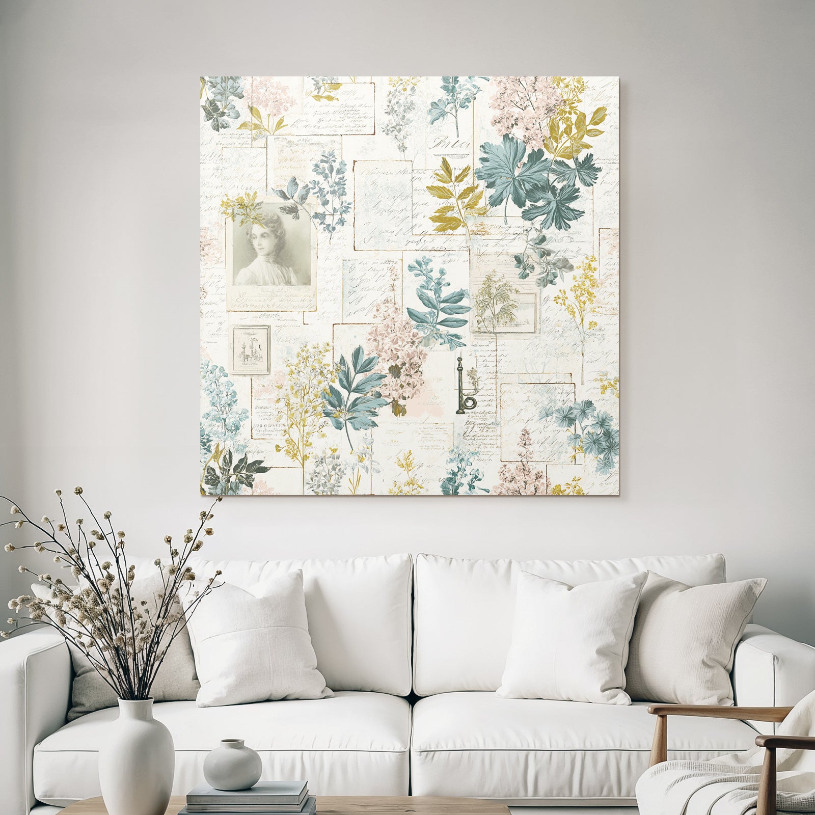 Vintage and shabby floral collage with vintage frames and botanical illustrations