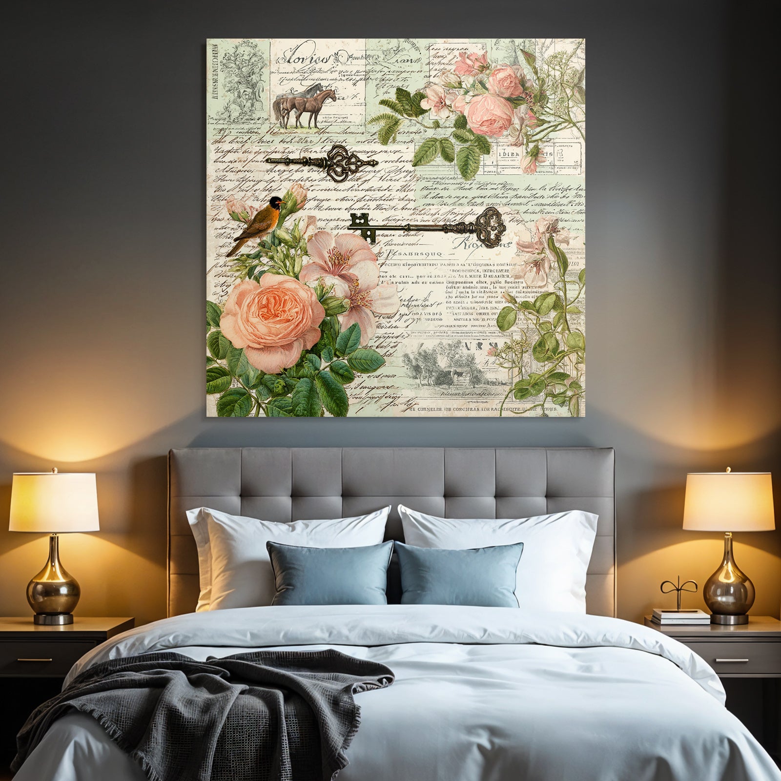 Vintage and shabby collage flowers house key hand written