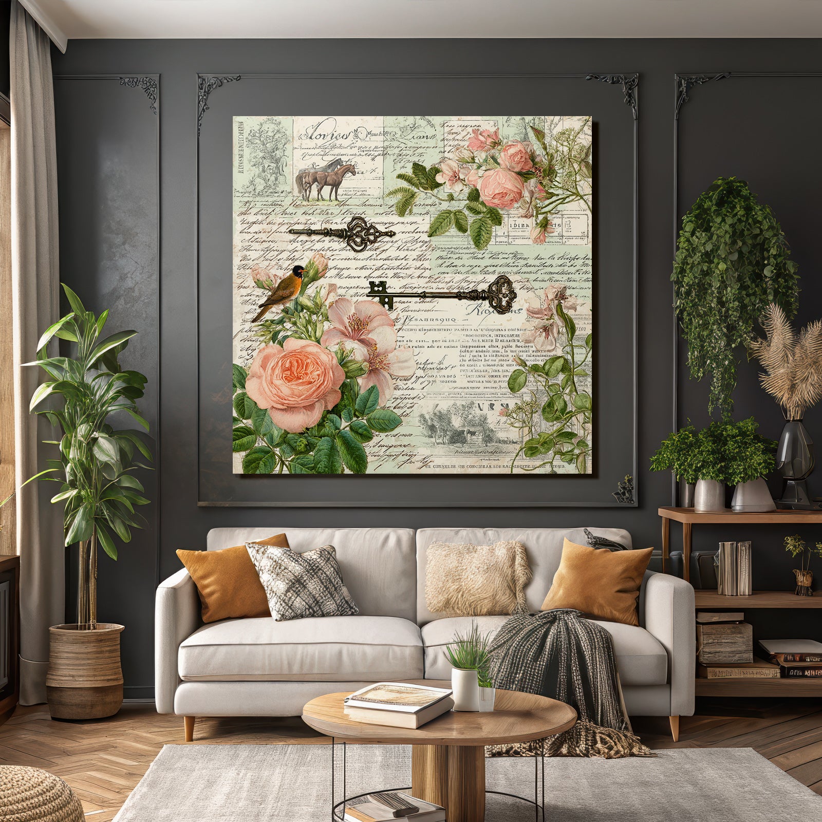 Vintage and shabby collage flowers house key hand written
