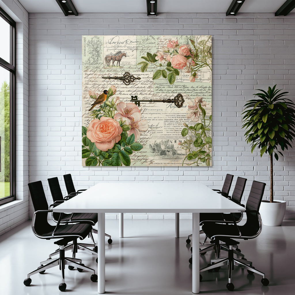 Vintage Und Shabby Collage Blumen Hausschluessel Hand Geschrieben