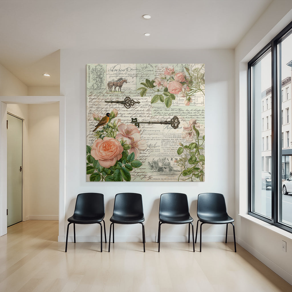 Vintage Und Shabby Collage Blumen Hausschluessel Hand Geschrieben