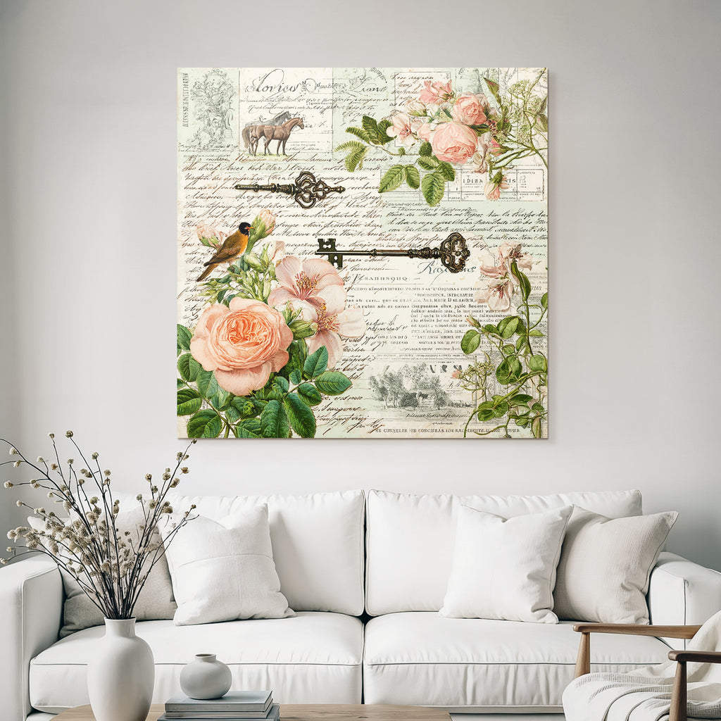 Vintage Und Shabby Collage Blumen Hausschluessel Hand Geschrieben