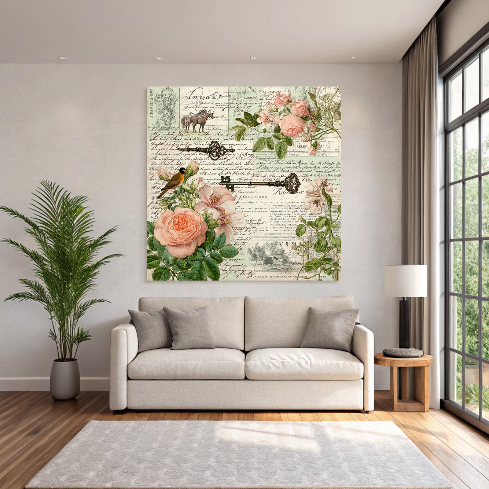 Vintage and shabby collage flowers house key hand written