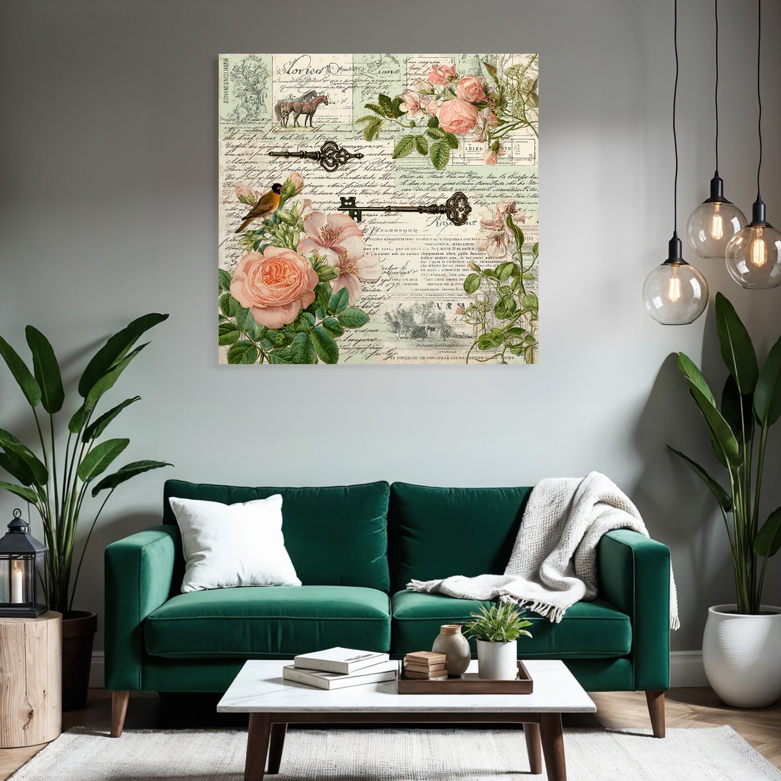 Vintage and shabby collage flowers house key hand written