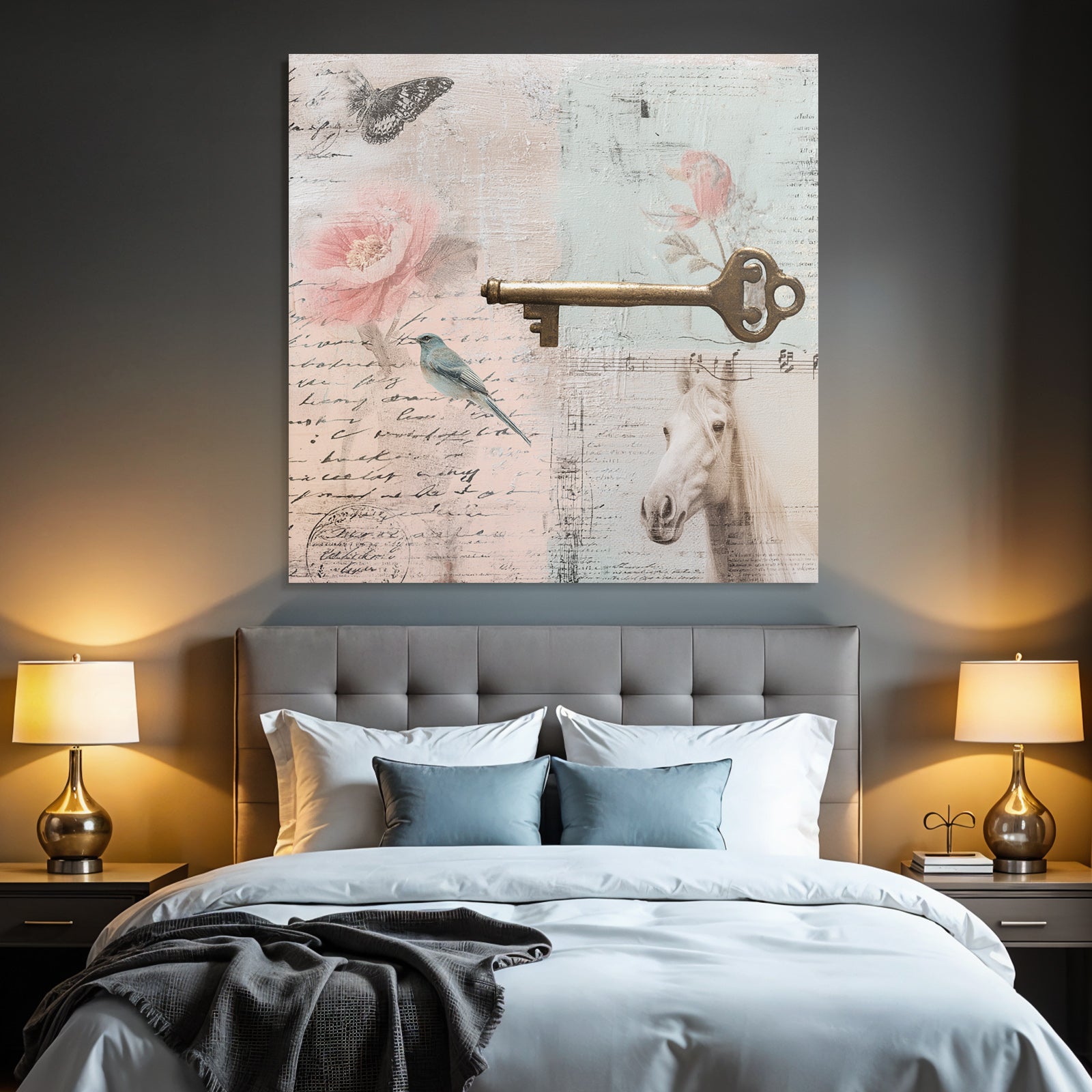 Vintage and shabby collage butterfly flower bird key horse old notes