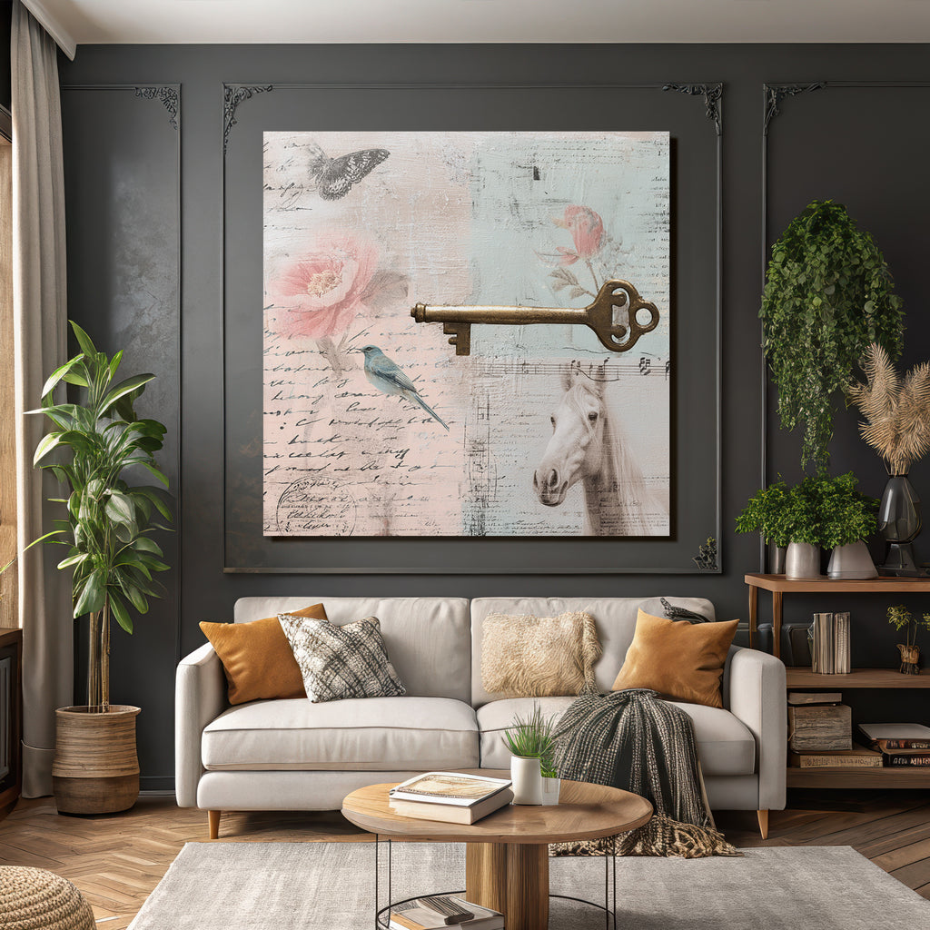 Vintage Und Shabby Collage Schmetterling Blume Vogel Schluessel Pferd Alte Notizen