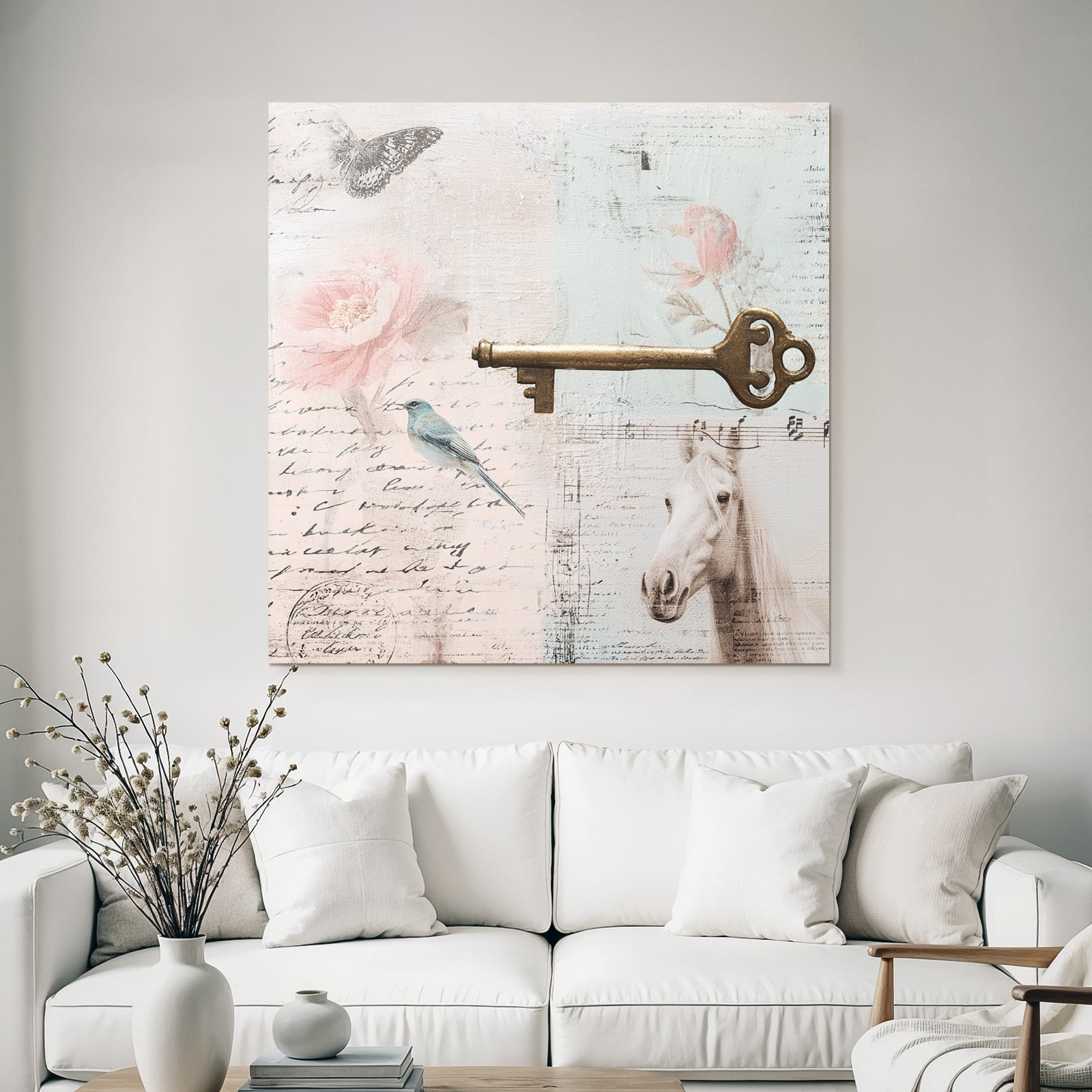 Vintage and shabby collage butterfly flower bird key horse old notes