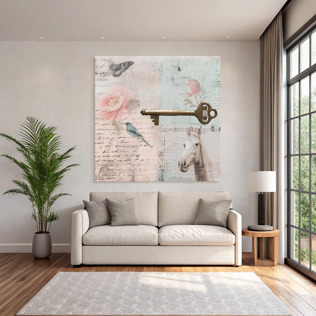 Vintage Und Shabby Collage Schmetterling Blume Vogel Schluessel Pferd Alte Notizen