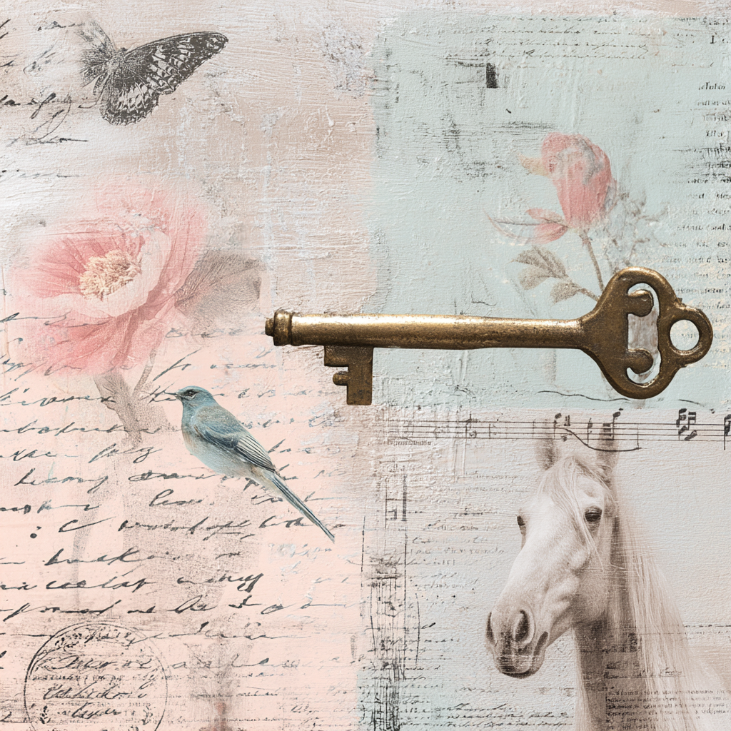 Vintage Und Shabby Collage Schmetterling Blume Vogel Schluessel Pferd Alte Notizen | Vintage Shabby | Einrichtungsstile