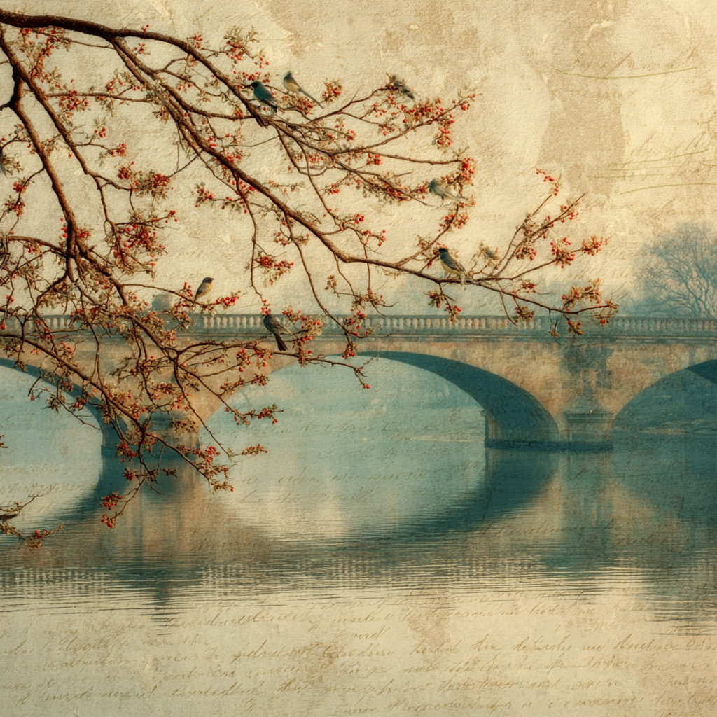 Vintage Und Shabby Friedliche Landschaft Bruecke Kirschblueten Spiegelung Wasser | Vintage Shabby | Einrichtungsstile