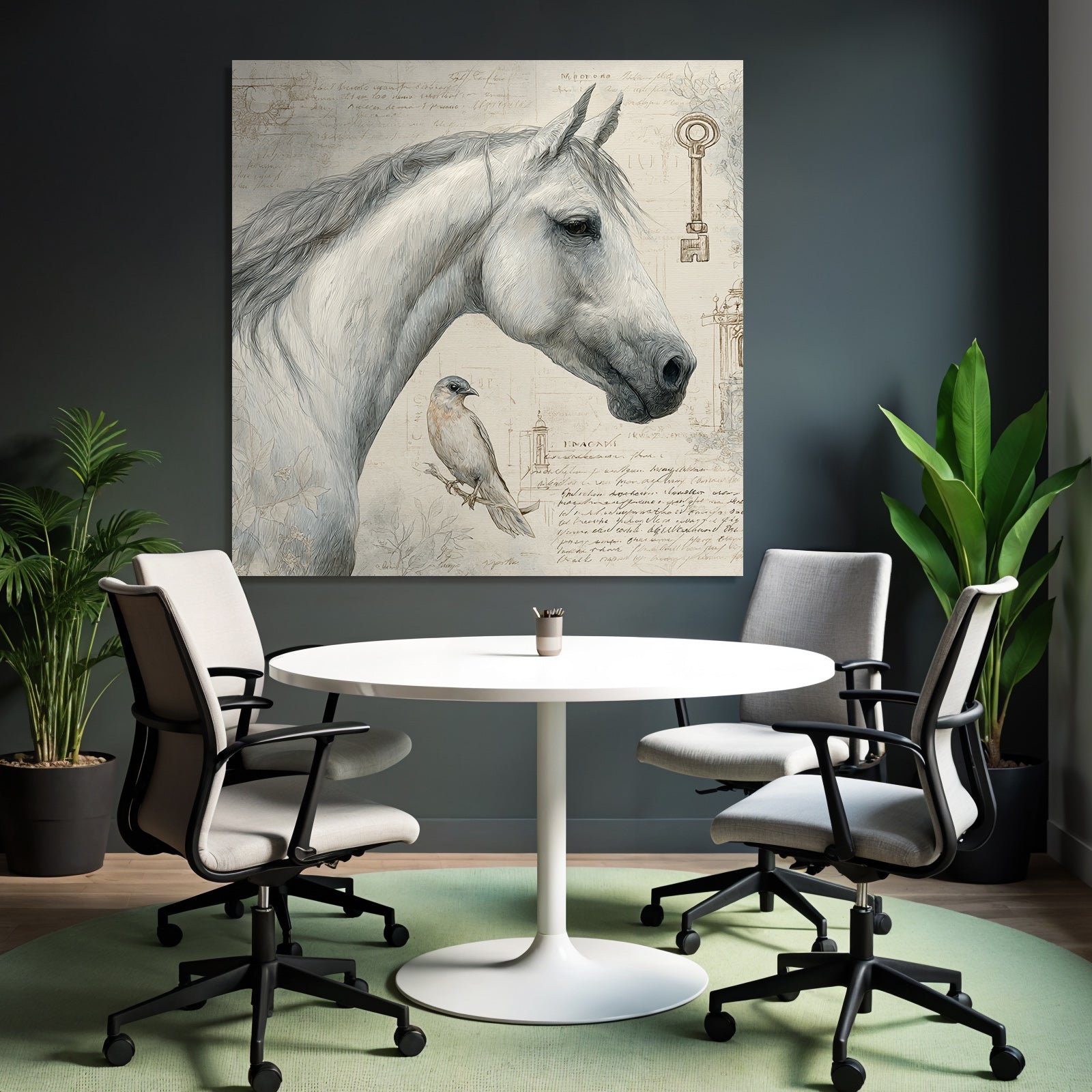 Vintage and shabby horse head and bird with background elements and text