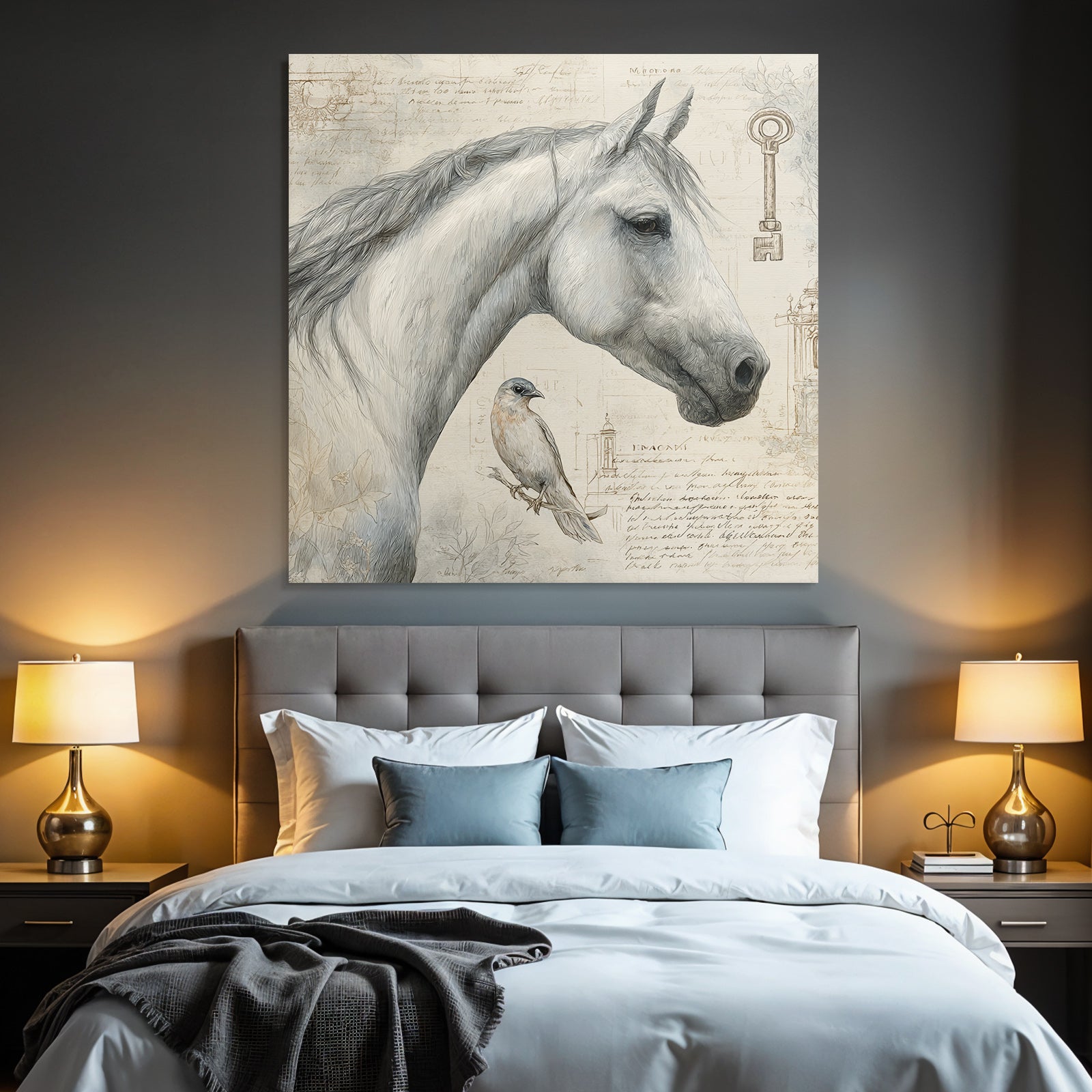 Vintage and shabby horse head and bird with background elements and text