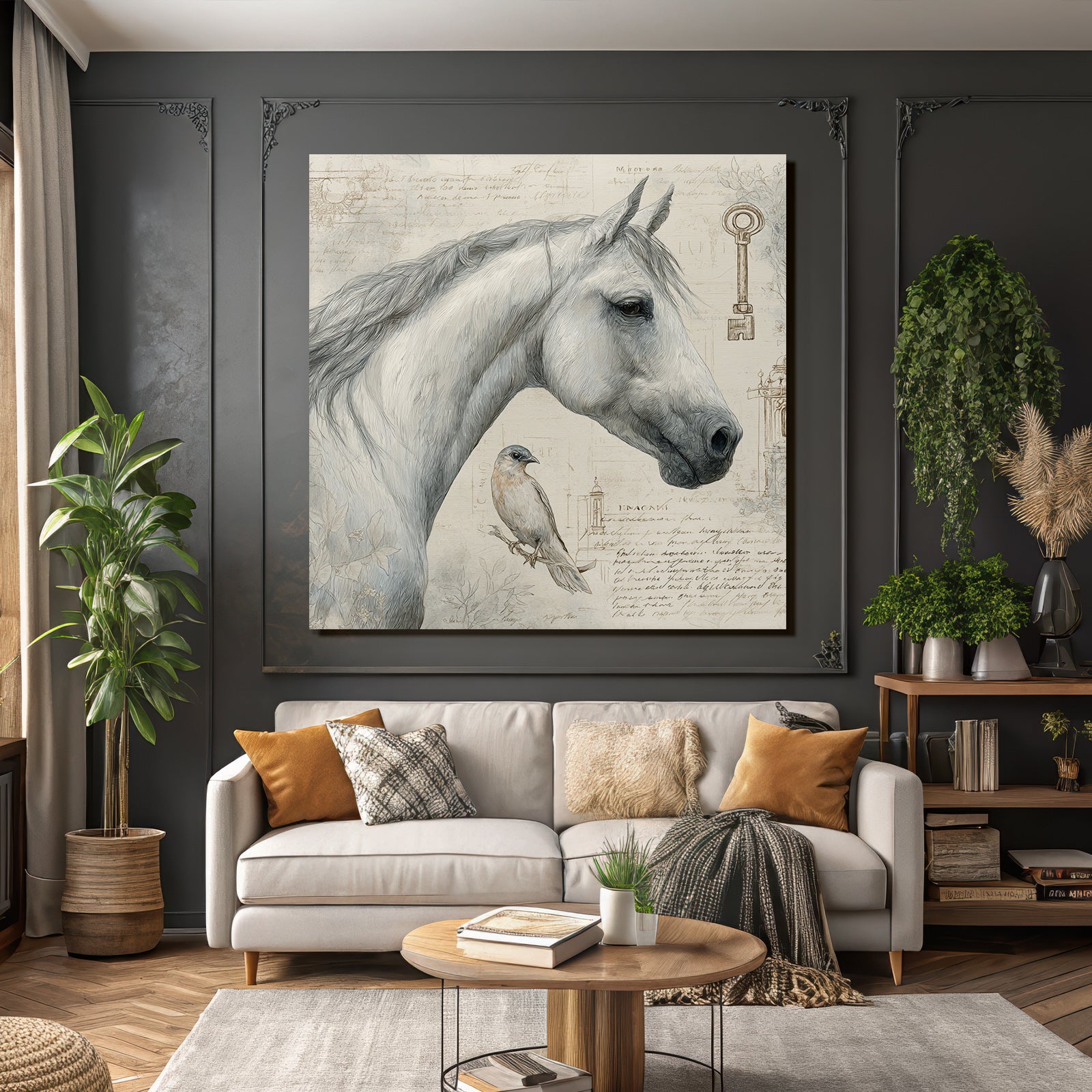 Vintage and shabby horse head and bird with background elements and text