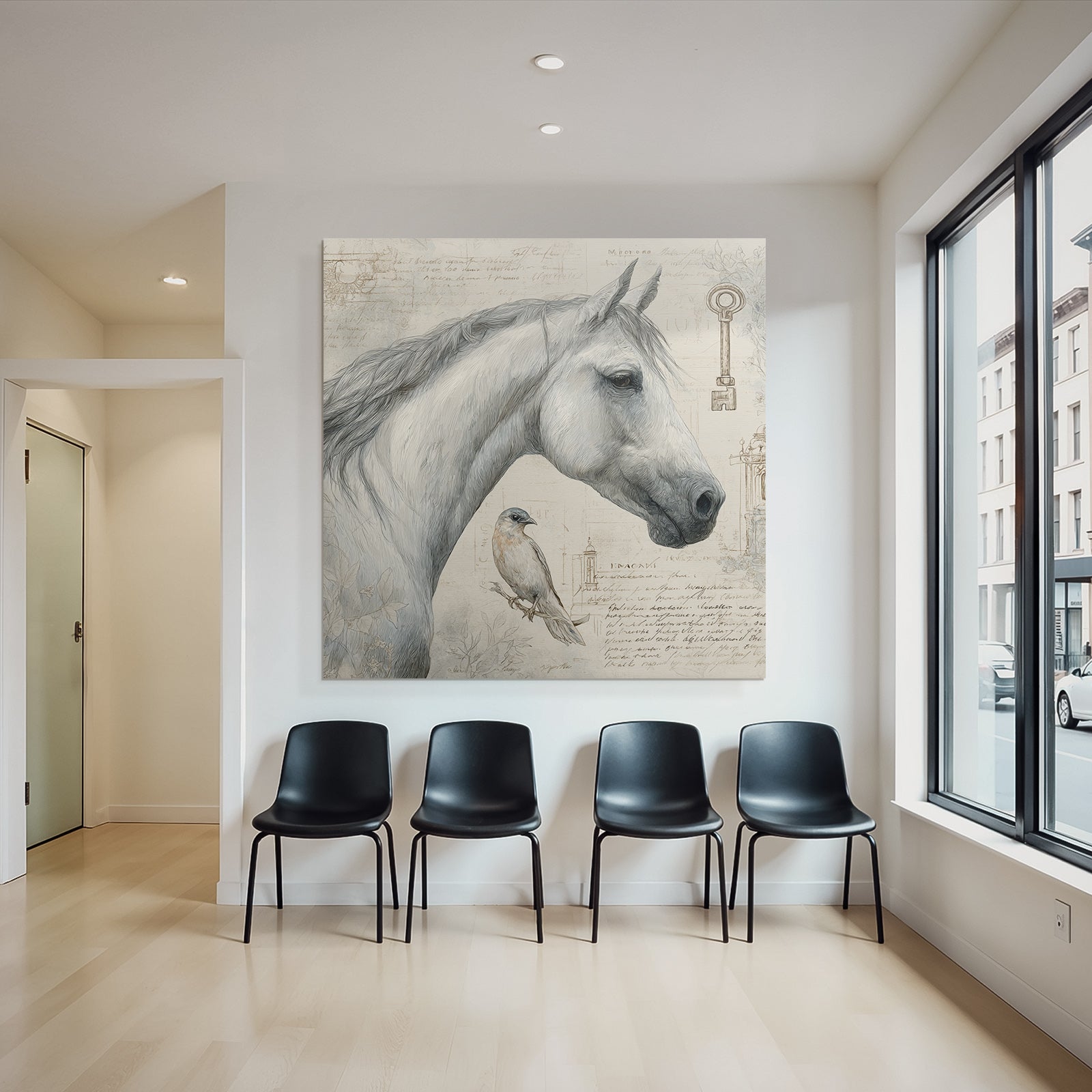 Vintage and shabby horse head and bird with background elements and text