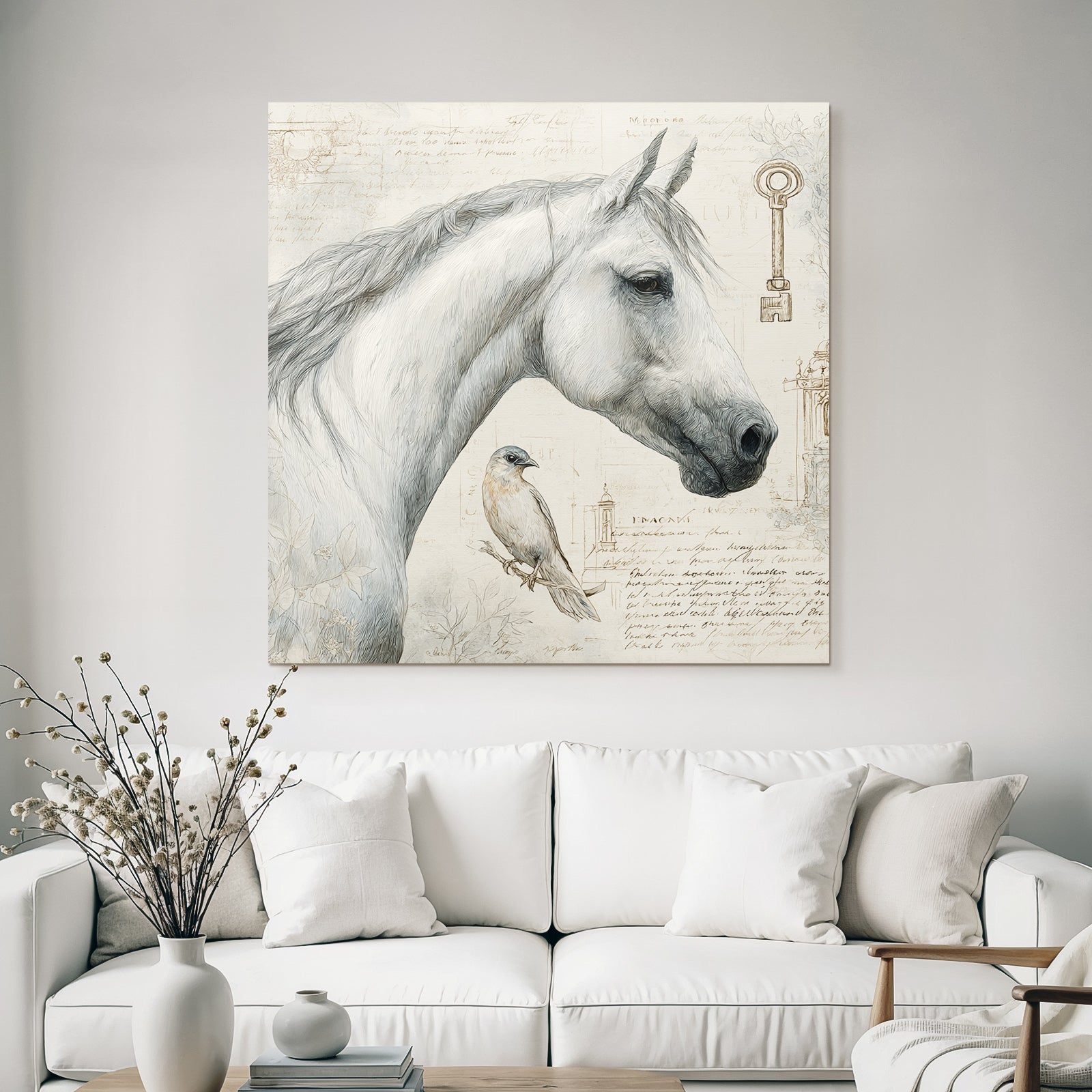 Vintage and shabby horse head and bird with background elements and text