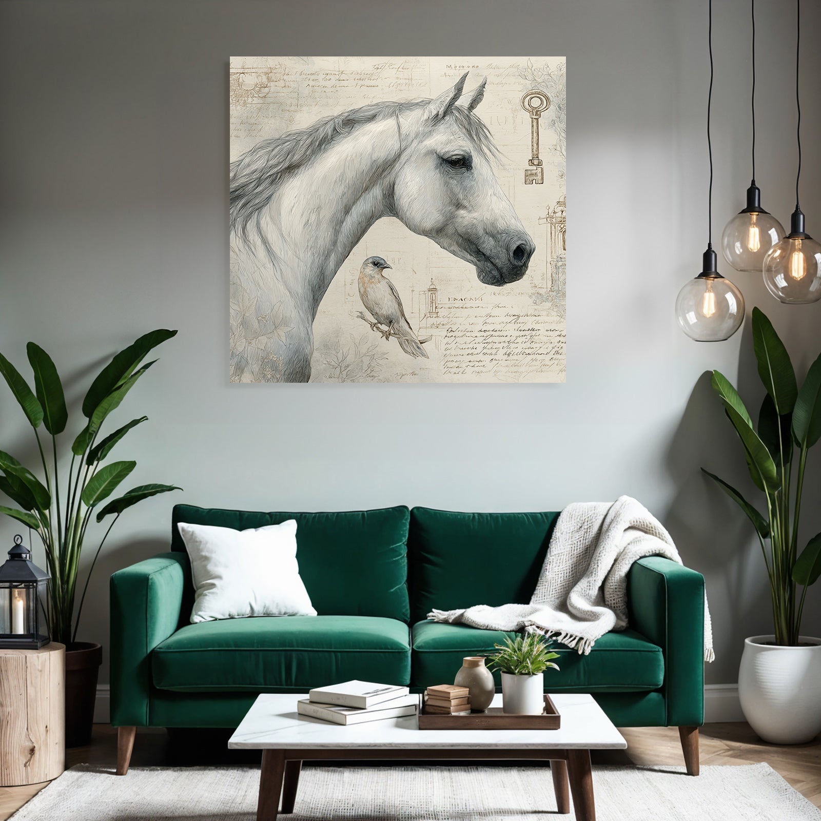 Vintage and shabby horse head and bird with background elements and text