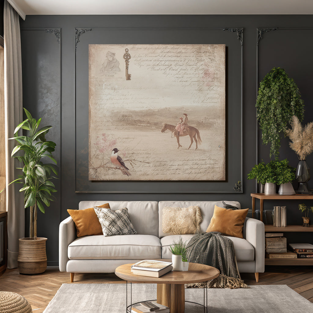 Vintage Und Shabby Vintage Darstellung Handschrift Schluessel Vogel Pferde Reiter