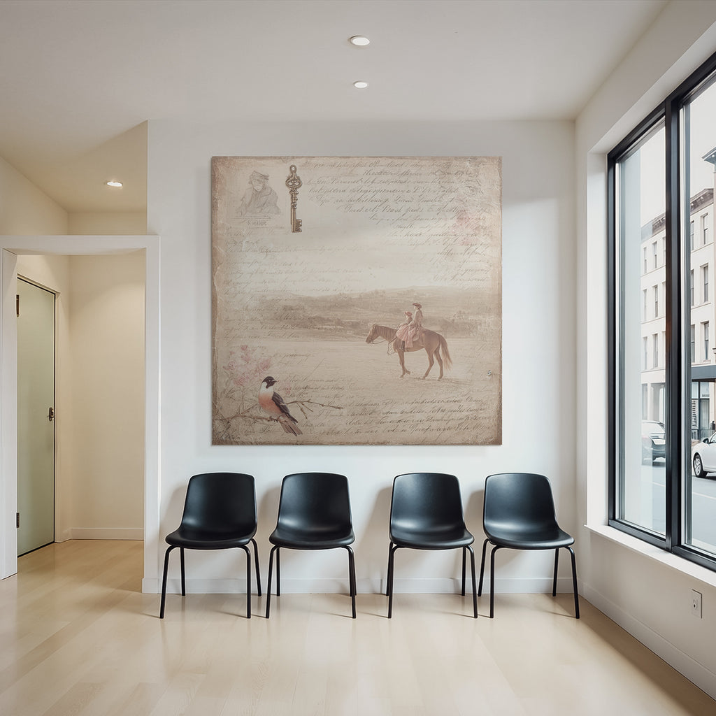 Vintage Und Shabby Vintage Darstellung Handschrift Schluessel Vogel Pferde Reiter