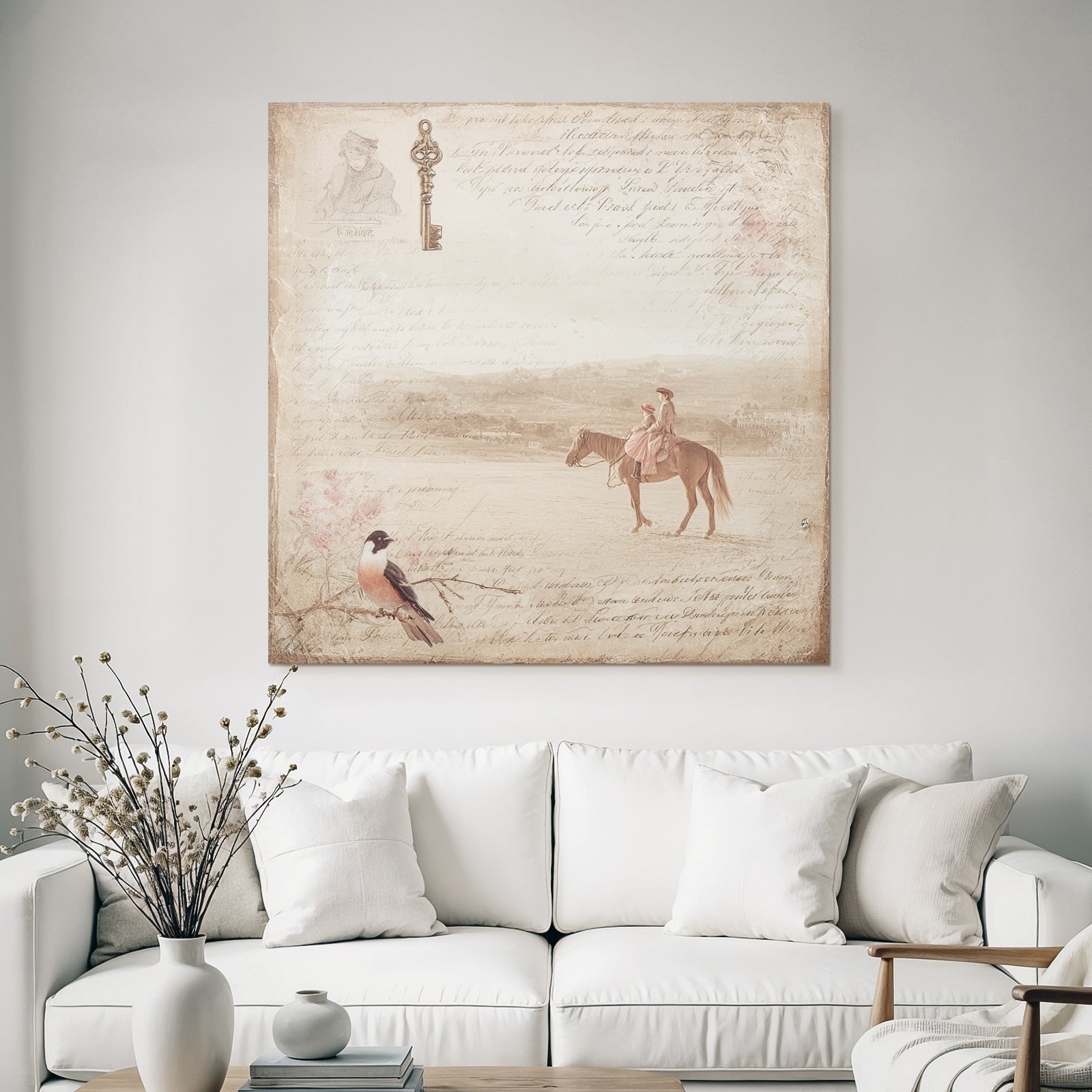 Vintage and shabby vintage illustration handwriting key bird horses rider