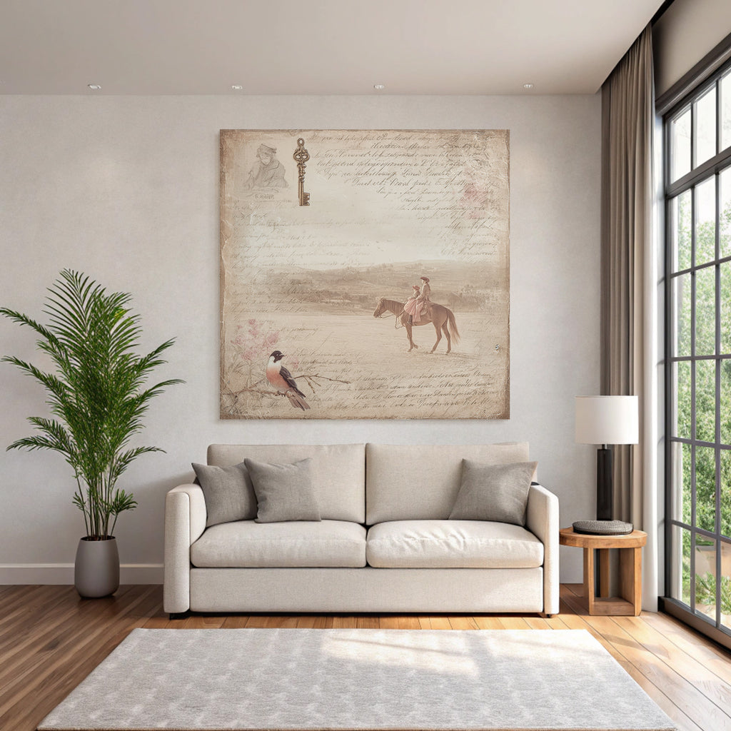 Vintage Und Shabby Vintage Darstellung Handschrift Schluessel Vogel Pferde Reiter