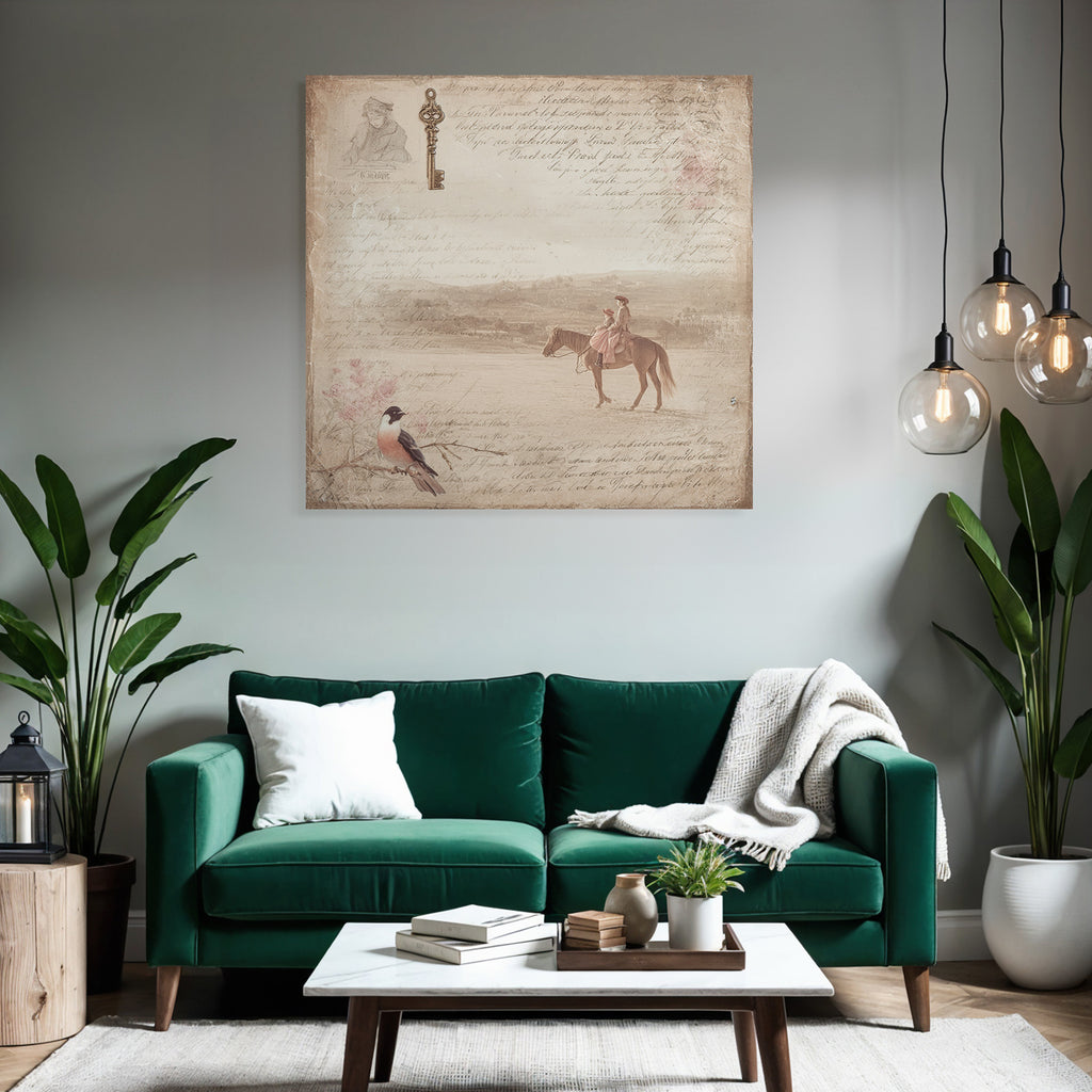 Vintage Und Shabby Vintage Darstellung Handschrift Schluessel Vogel Pferde Reiter