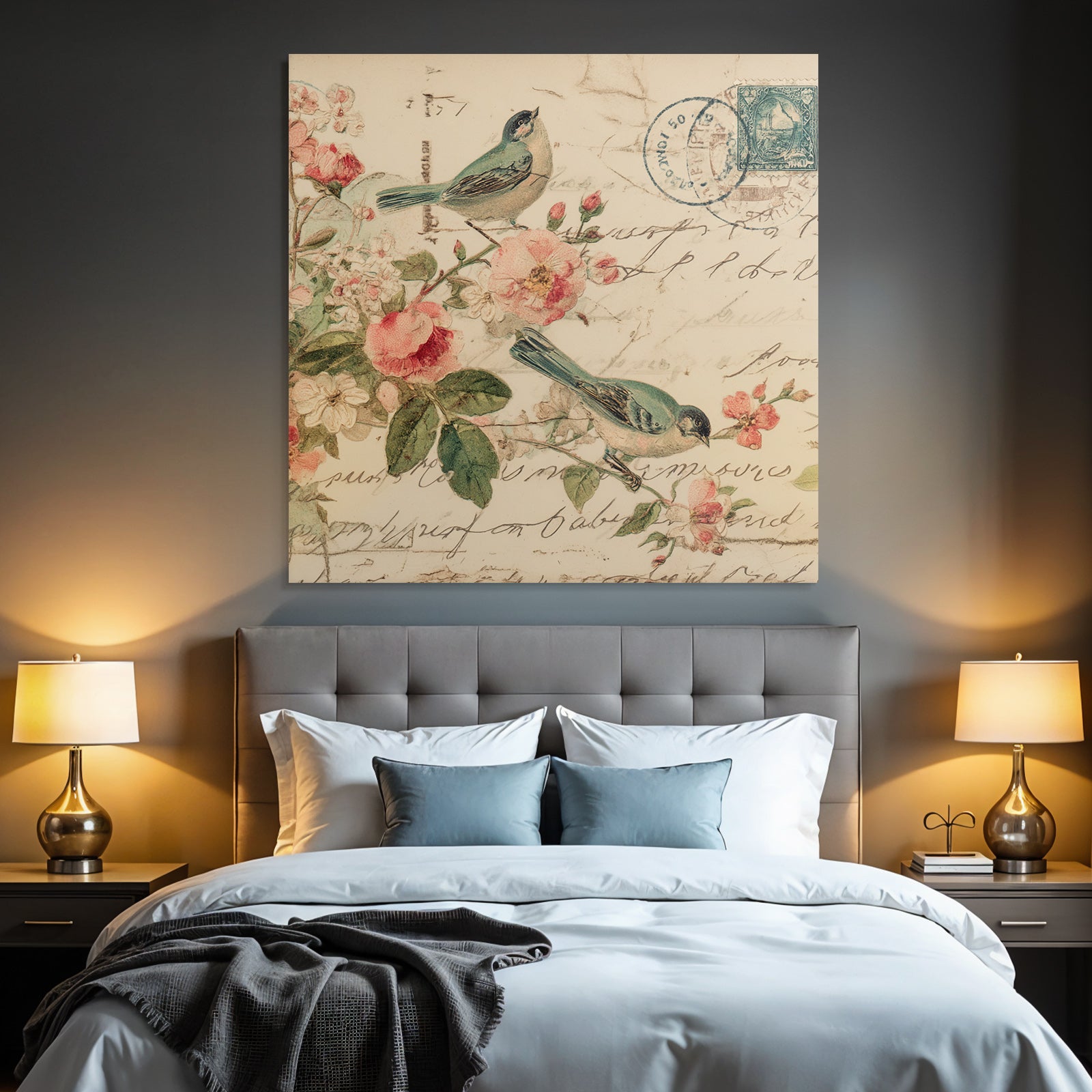 Vintage and shabby vintage birds flowers postcard decorative illustration
