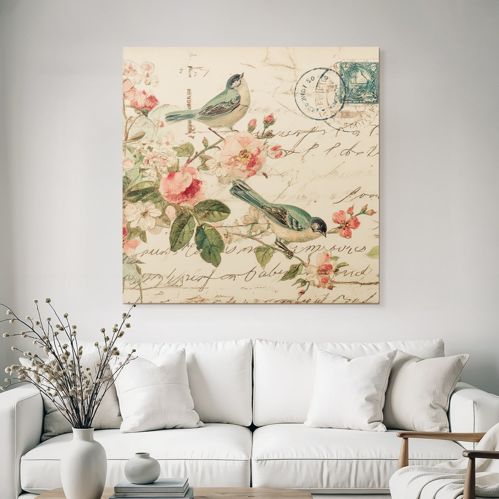 Vintage and shabby vintage birds flowers postcard decorative illustration