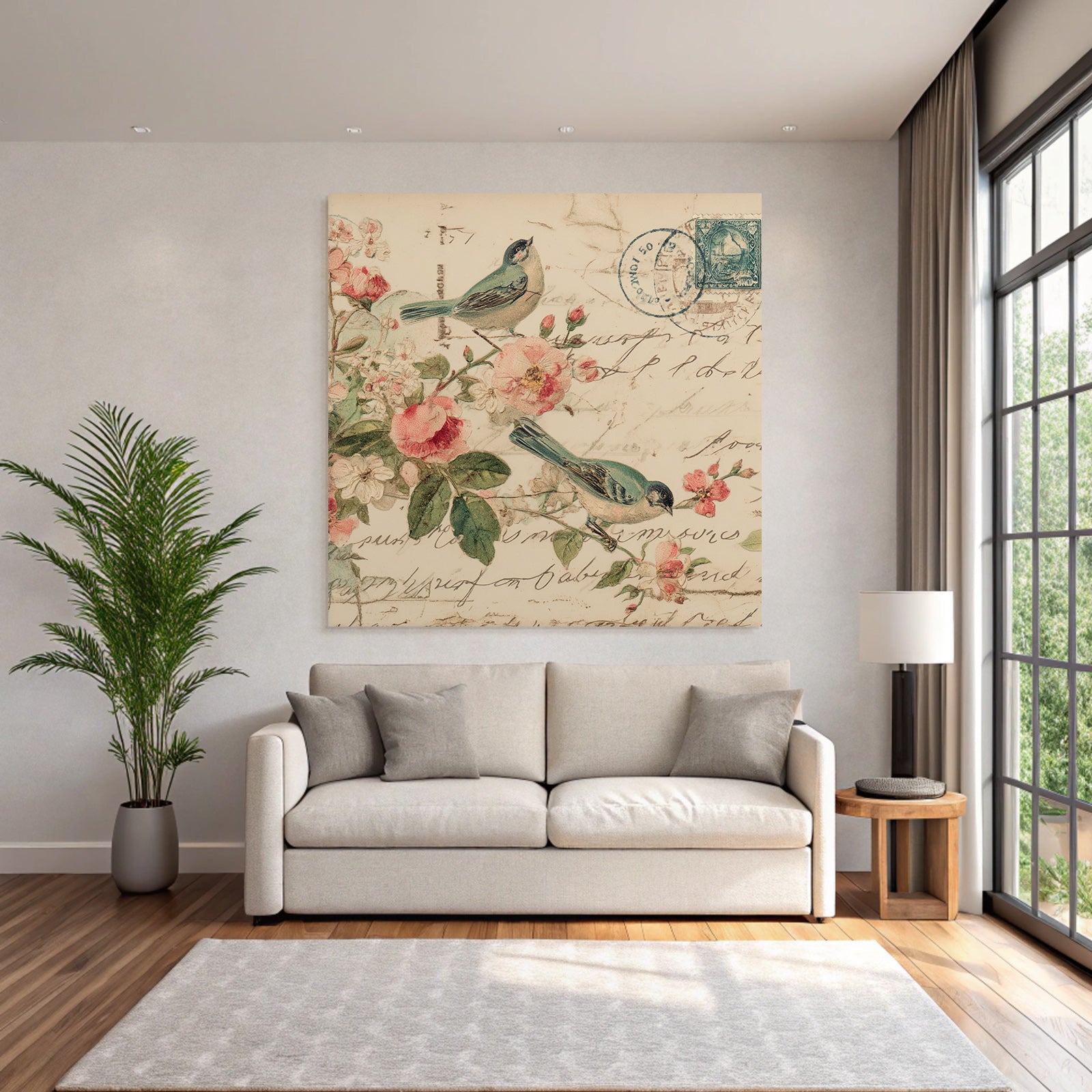 Vintage and shabby vintage birds flowers postcard decorative illustration