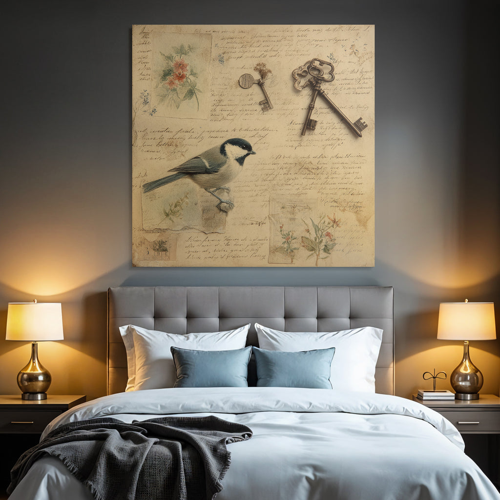 Vintage Und Shabby Vintage Vogel Alte Keys Blumen Illustrationen Hand Geschrieben