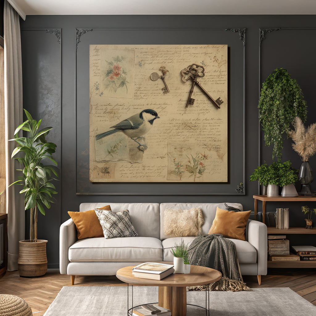 Vintage Und Shabby Vintage Vogel Alte Keys Blumen Illustrationen Hand Geschrieben