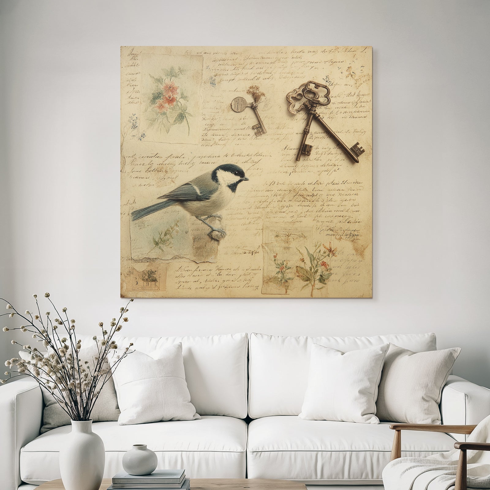 Vintage And Shabby Vintage Bird Old Keys Flowers Illustrations Hand Written