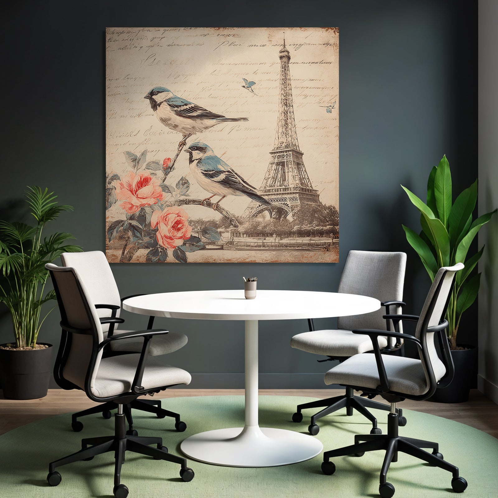 Vintage and shabby birds on branch with flowers Eiffel Tower handwritten text