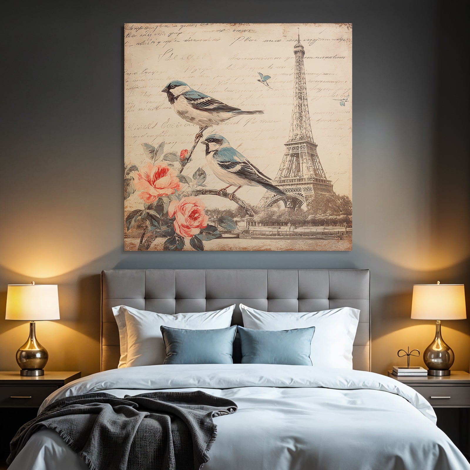 Vintage and shabby birds on branch with flowers Eiffel Tower handwritten text