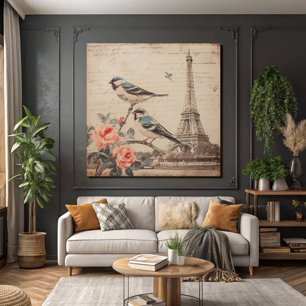 Vintage Und Shabby Voegel Auf Ast Mit Blumen Eiffelturm Handschriftlich Text