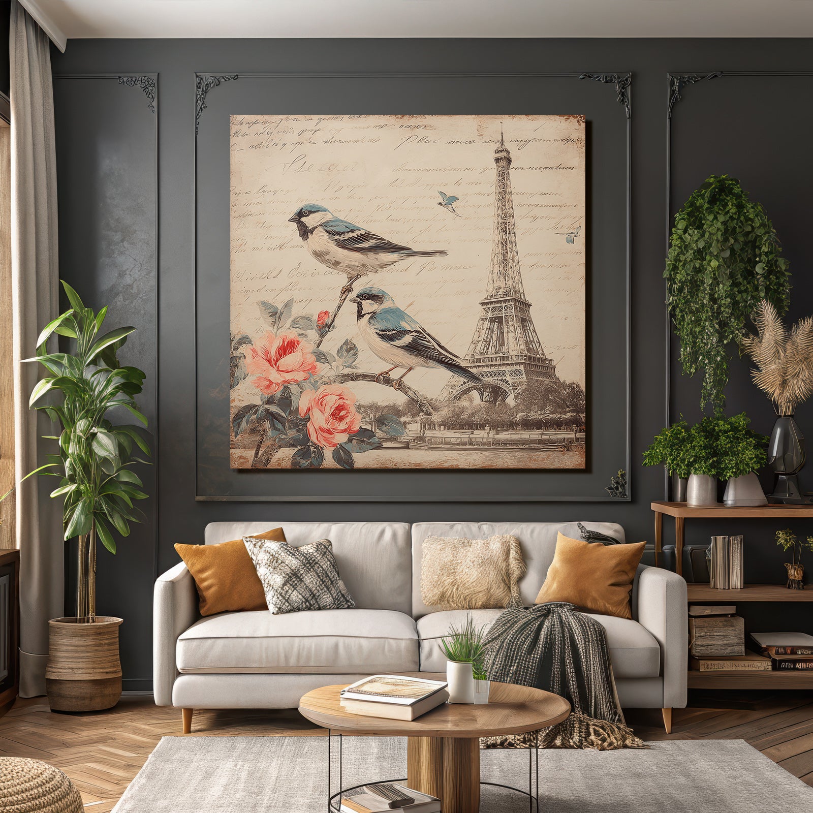 Vintage and shabby birds on branch with flowers Eiffel Tower handwritten text