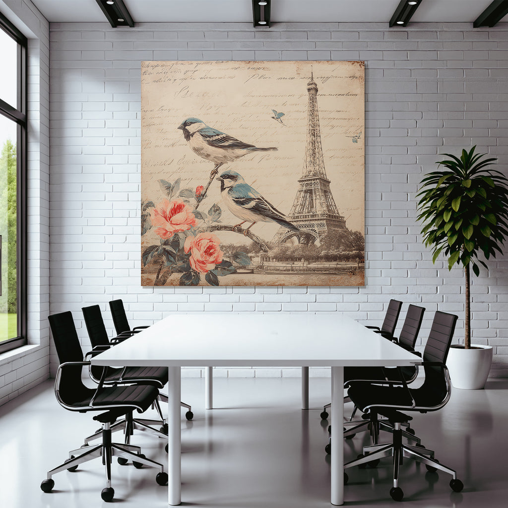 Vintage Und Shabby Voegel Auf Ast Mit Blumen Eiffelturm Handschriftlich Text