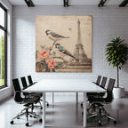 Vintage Und Shabby Voegel Auf Ast Mit Blumen Eiffelturm Handschriftlich Text