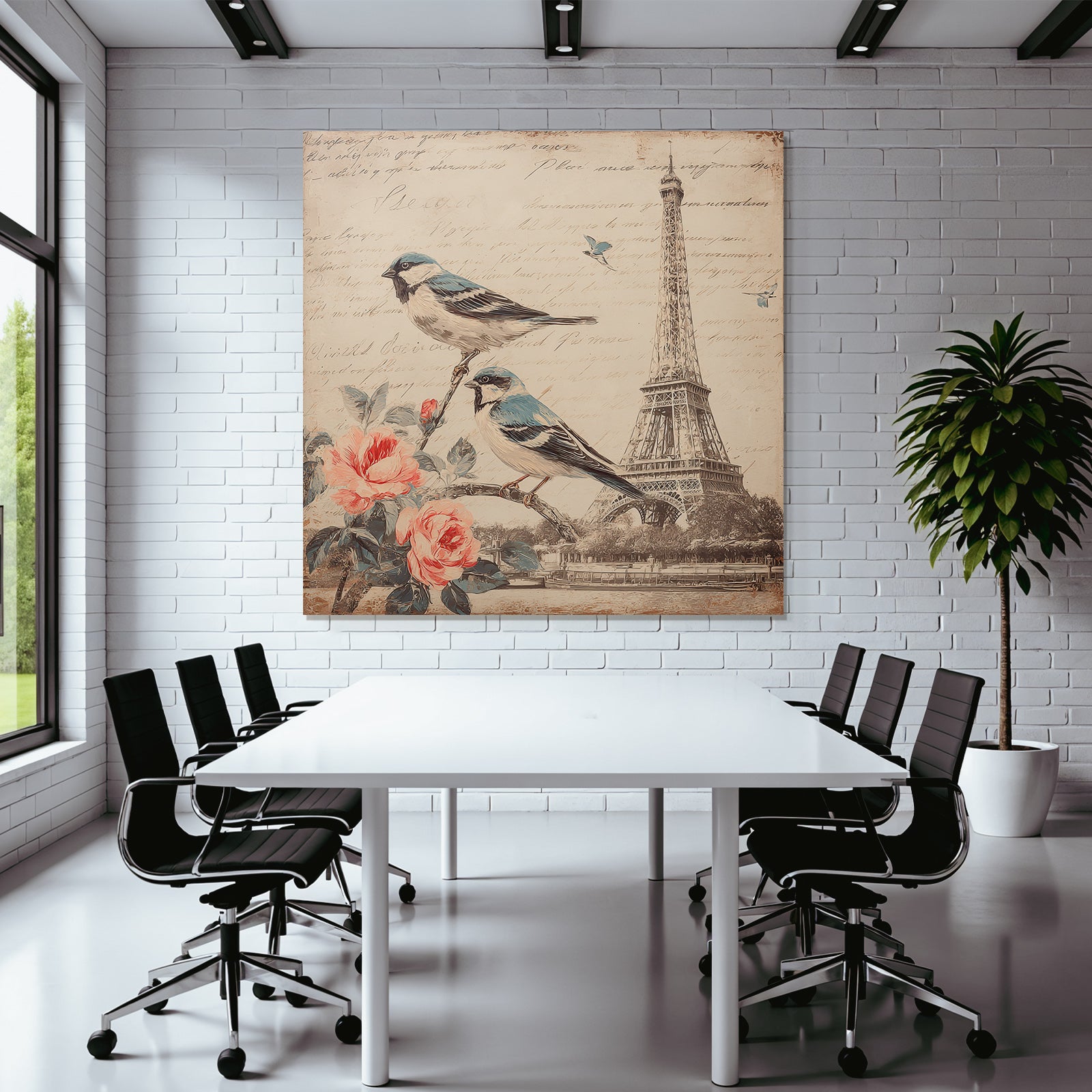 Vintage and shabby birds on branch with flowers Eiffel Tower handwritten text