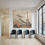 Vintage Und Shabby Voegel Auf Ast Mit Blumen Eiffelturm Handschriftlich Text