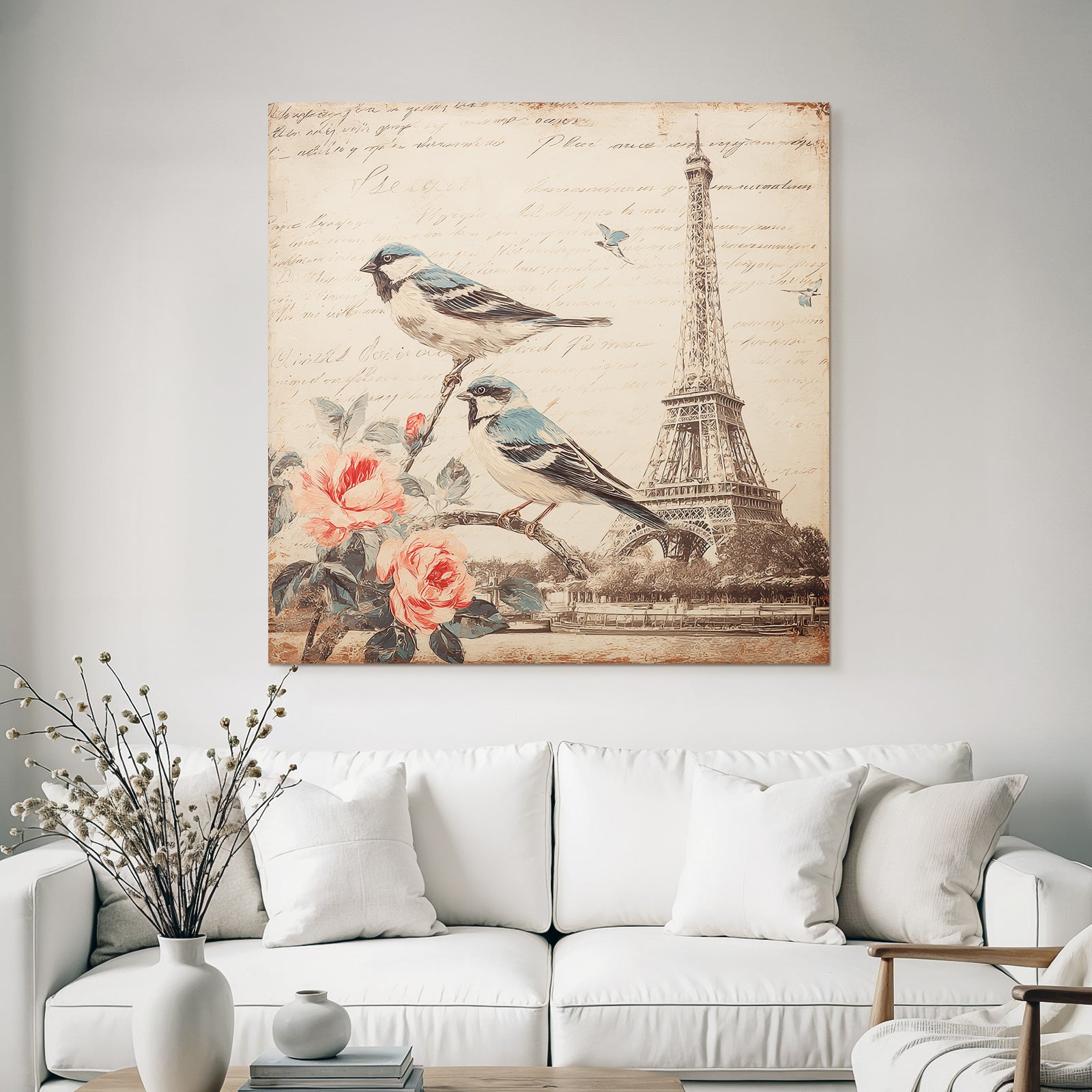 Vintage and shabby birds on branch with flowers Eiffel Tower handwritten text