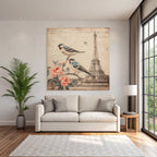 Vintage Und Shabby Voegel Auf Ast Mit Blumen Eiffelturm Handschriftlich Text